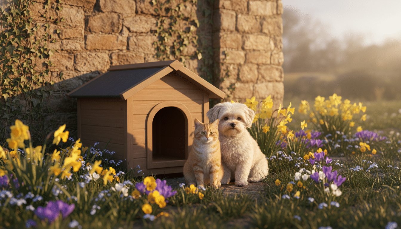 Chat et petit chien près d'une niche en bois dans un jardin