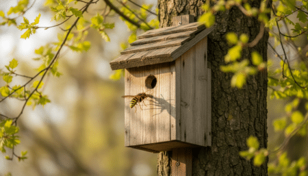 Frelon asiatique devant un nichoir en bois au printemps