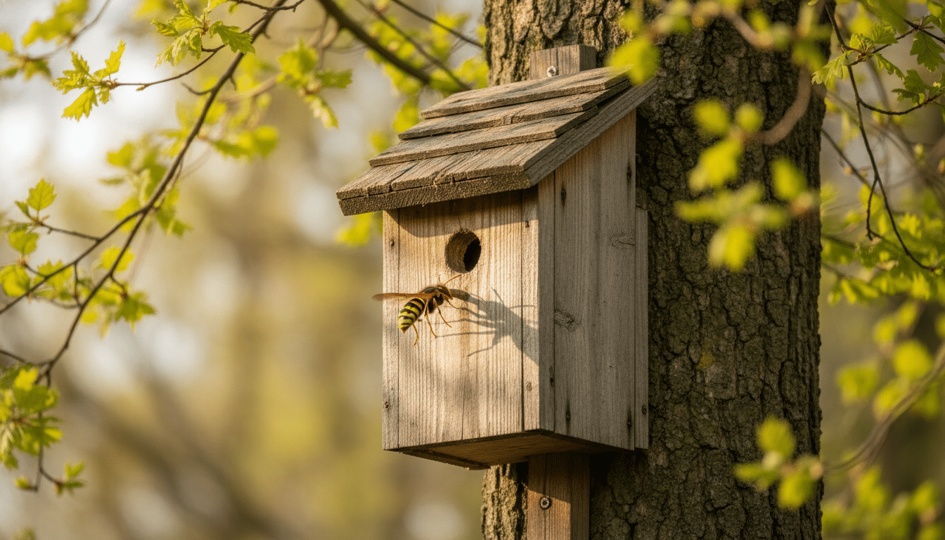 Frelon asiatique devant un nichoir en bois au printemps