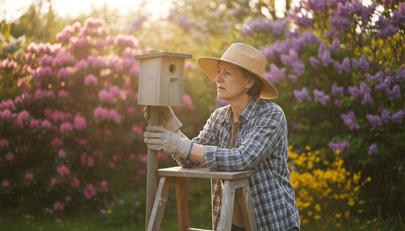 Jardinier inspectant un nichoir sur une échelle en avril