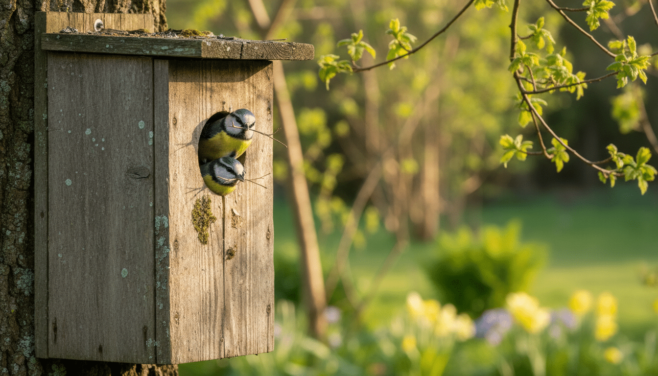 Mésanges bleues avec brindilles à l'entrée d'un nichoir