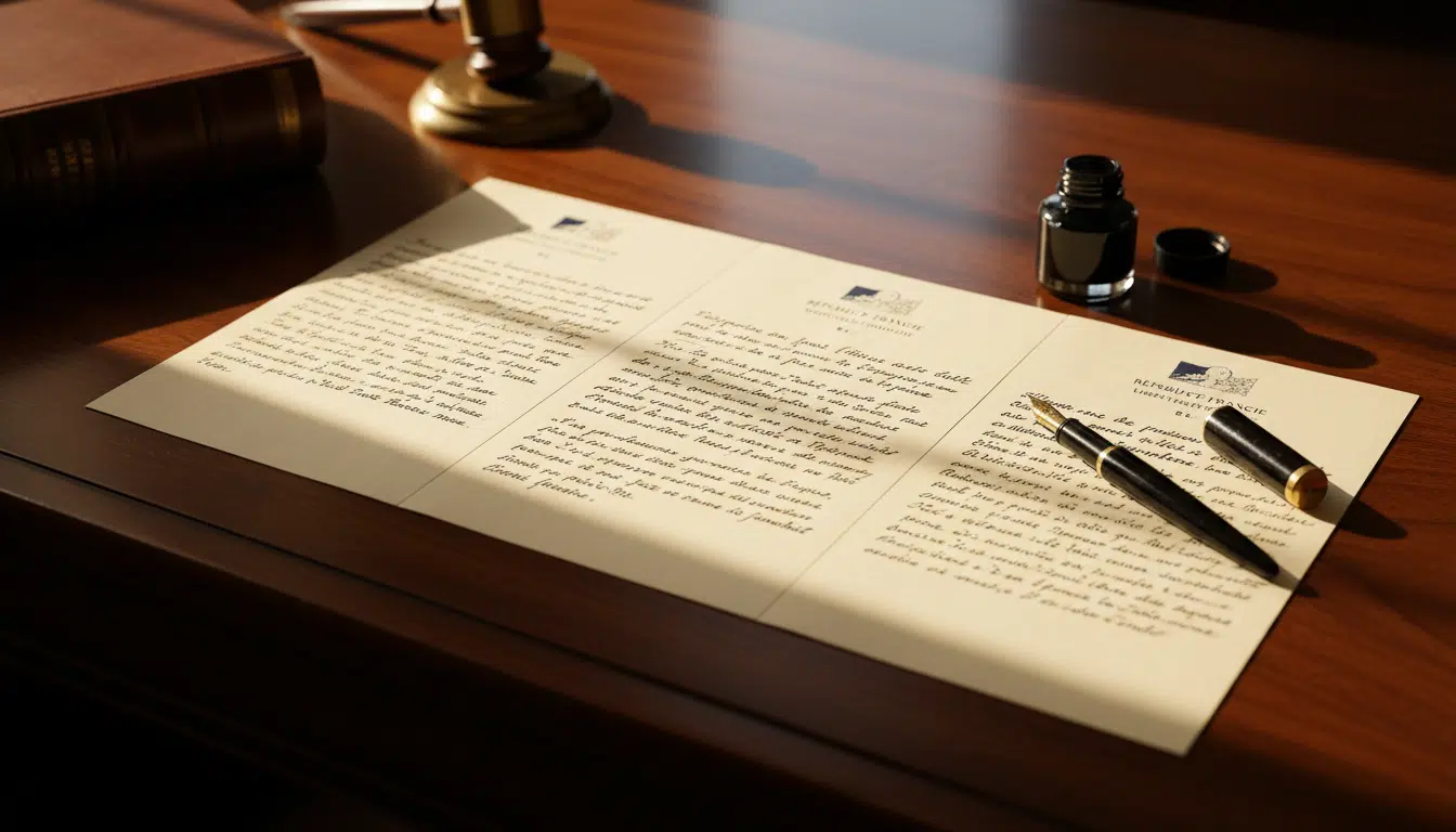 Lettre manuscrite posée sur un bureau de justice