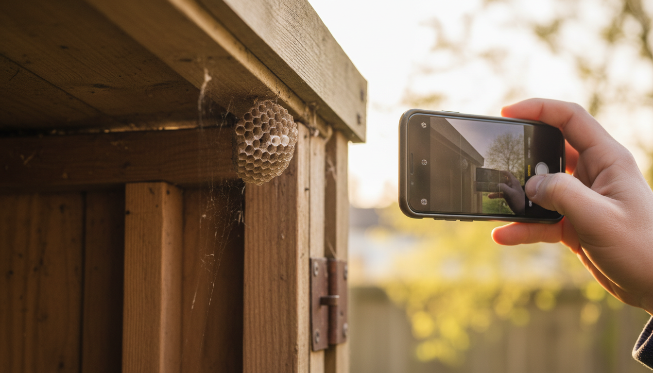 Petit nid primaire de frelon asiatique dans un cabanon de jardin