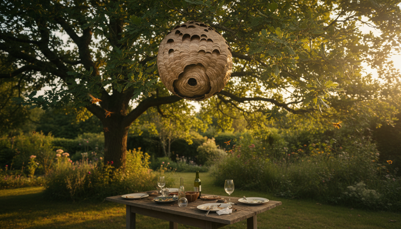 Nid secondaire de frelon asiatique dans un arbre au-dessus d'une terrasse