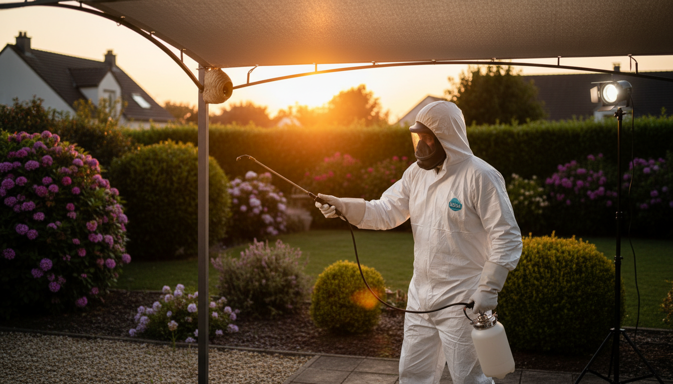 Désinsectiseur professionnel intervenant sur un nid de frelon asiatique