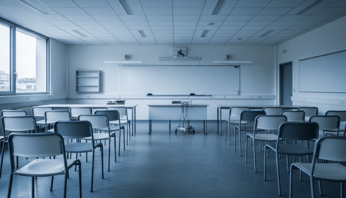 Salle de formation vide avec des chaises inoccupées et un tableau blanc, ambiance froide et austère