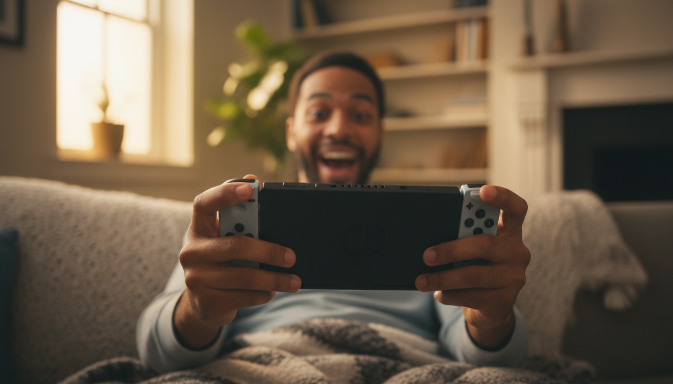 Joueur tenant une Nintendo Switch 2 en mode portable
