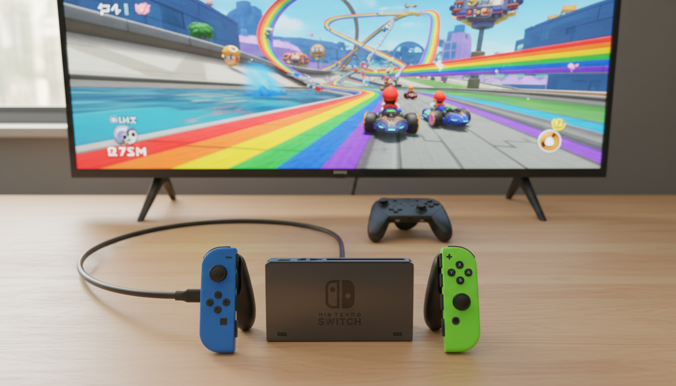 Nintendo Switch 2 connectée à un écran affichant Mario Kart