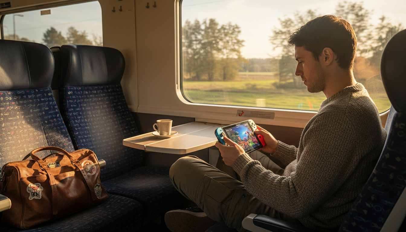 Personne jouant à la Switch 2 dans un train