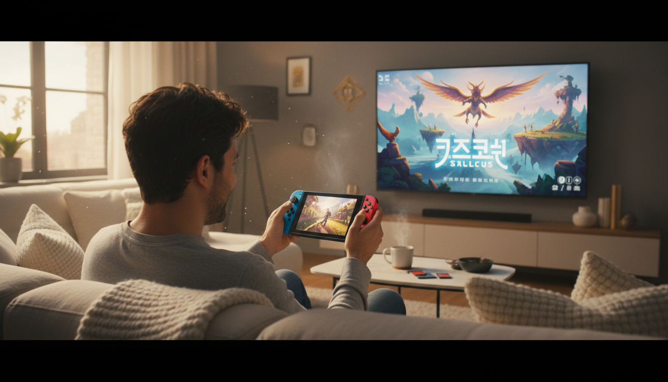 Joueur tenant une Nintendo Switch 2 dans son salon