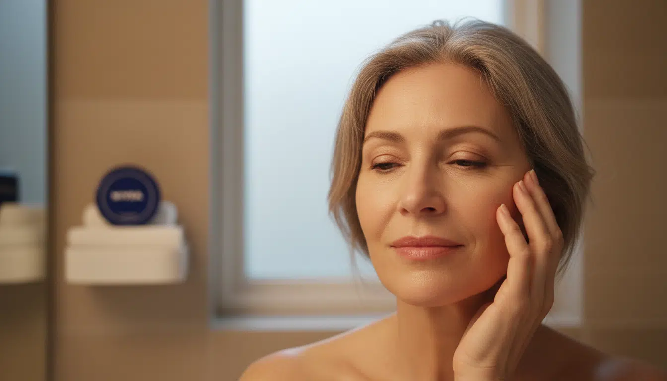 Femme mature touchant sa joue devant crème Nivea bleue
