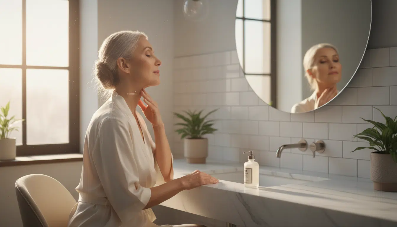 Femme appliquant un sérum léger sur le cou et décolleté