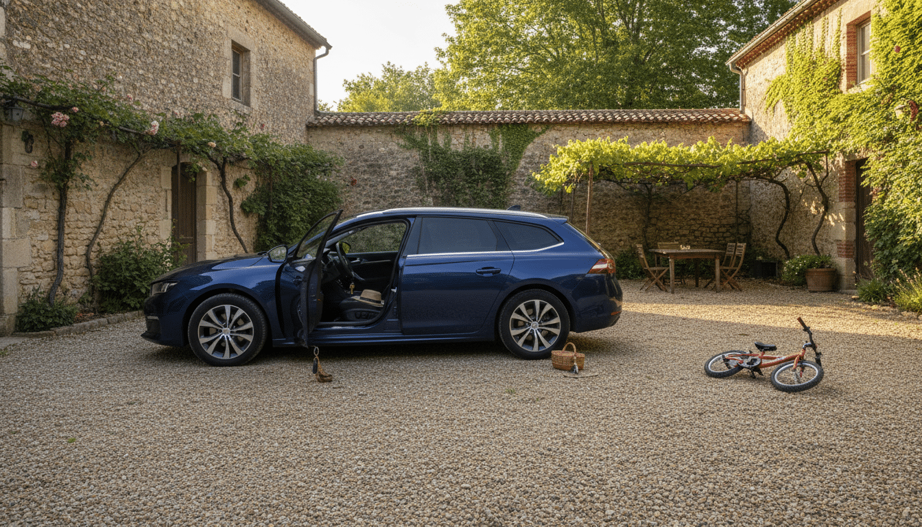 Voiture familiale garée dans une cour normande avec portière ouverte