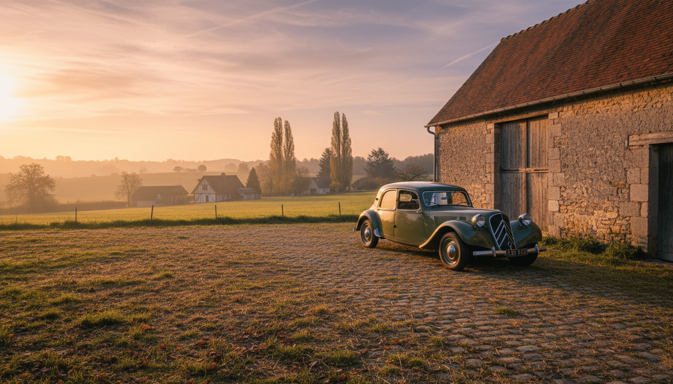Cour de ferme normande avec voiture garée au crépuscule