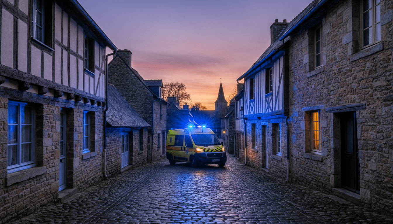 Véhicule de secours dans un village de l'Orne après le drame