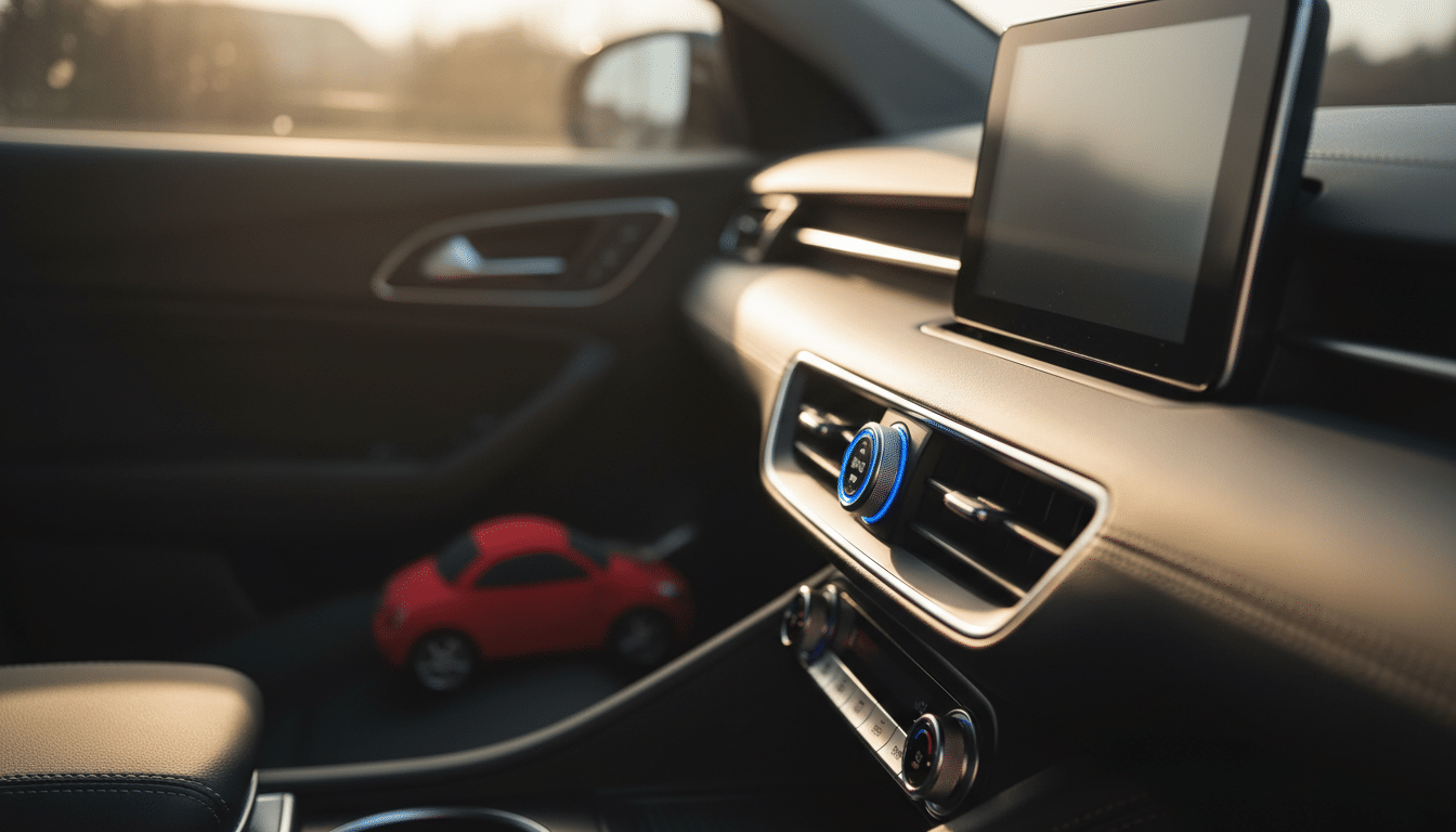 Bouton de démarrage d'une voiture avec jouet d'enfant sur le siège