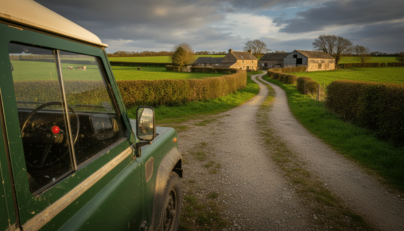 Exploitation agricole normande avec véhicule stationné