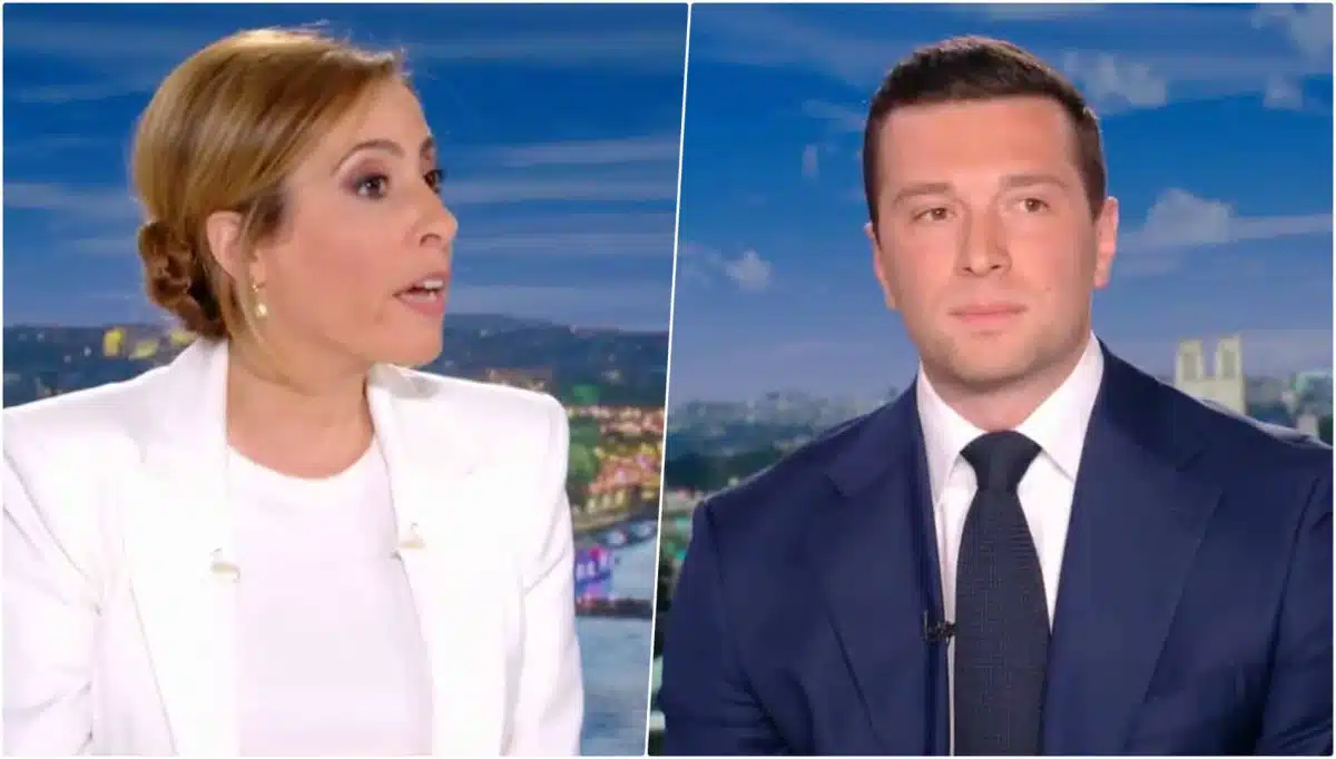 Jordan Bardella face à Léa Salamé sur le plateau du JT de France 2 lors de l'officialisation de son couple