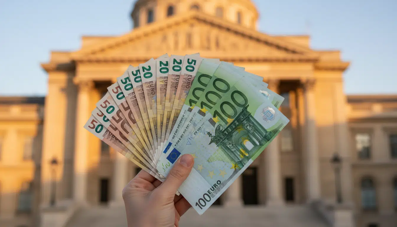 Billets en euros devant l'Assemblée nationale française