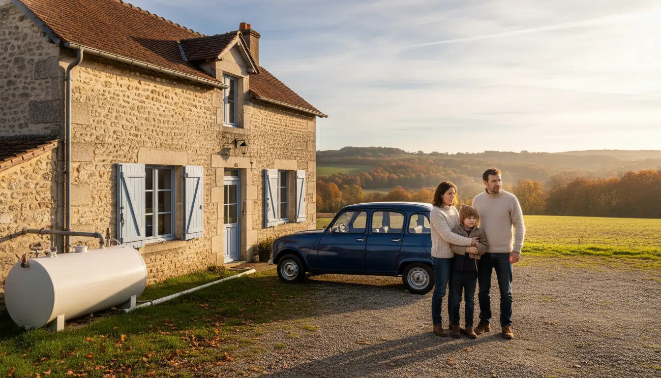 Famille rurale française devant sa maison avec cuve de fioul