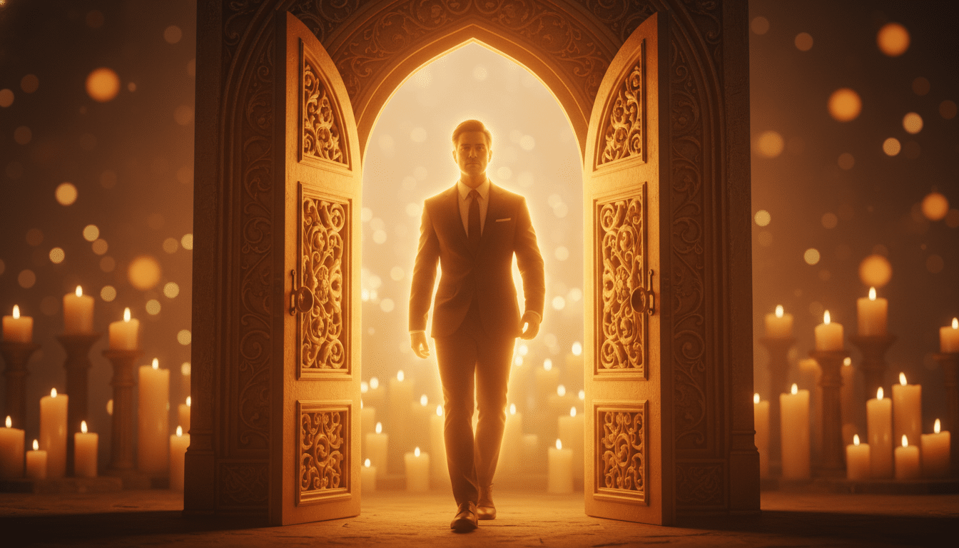 Silhouette traversant une porte dorée lumineuse avec détermination