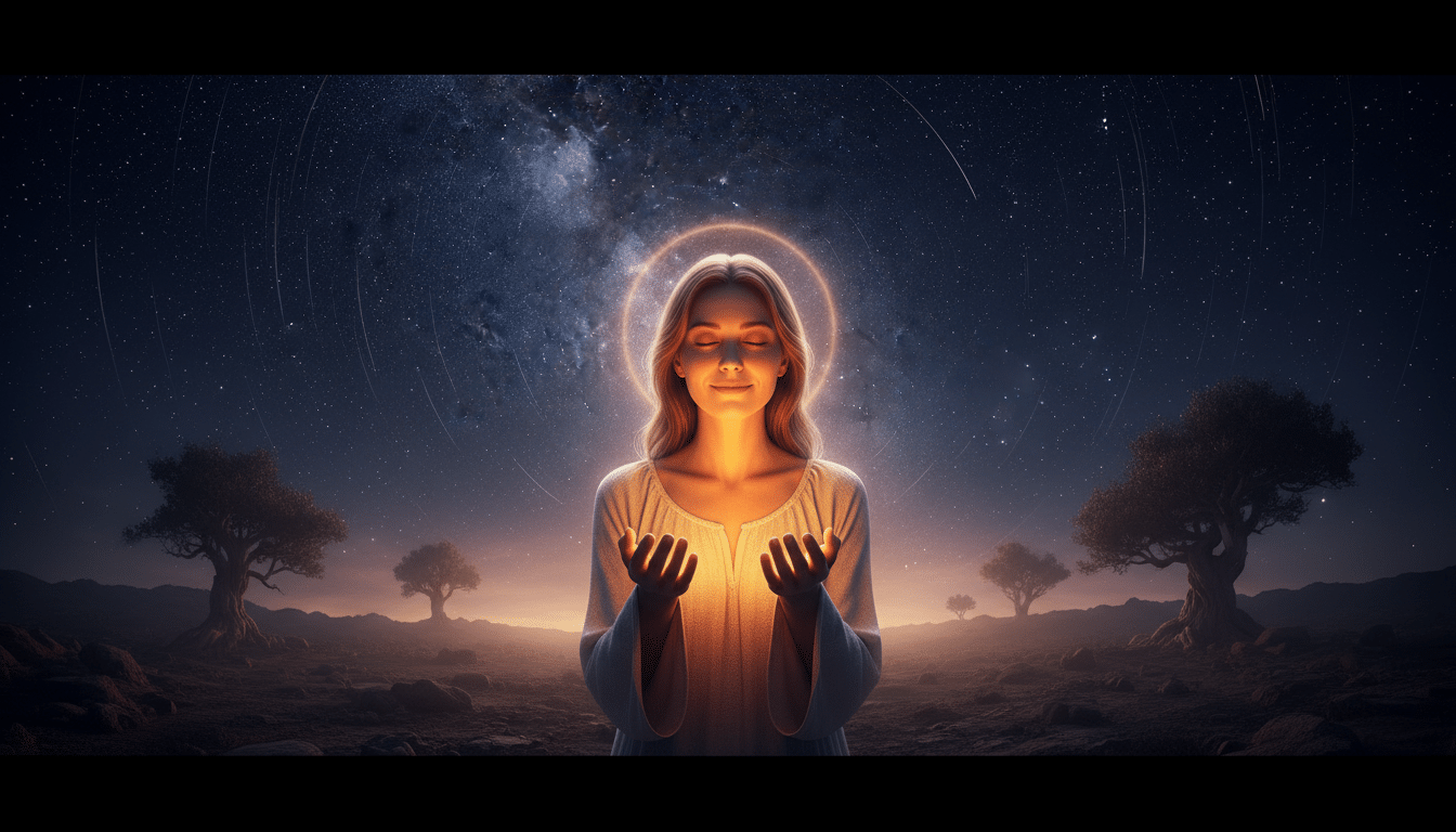 Personne sereine sous un ciel étoilé baignée de lumière dorée