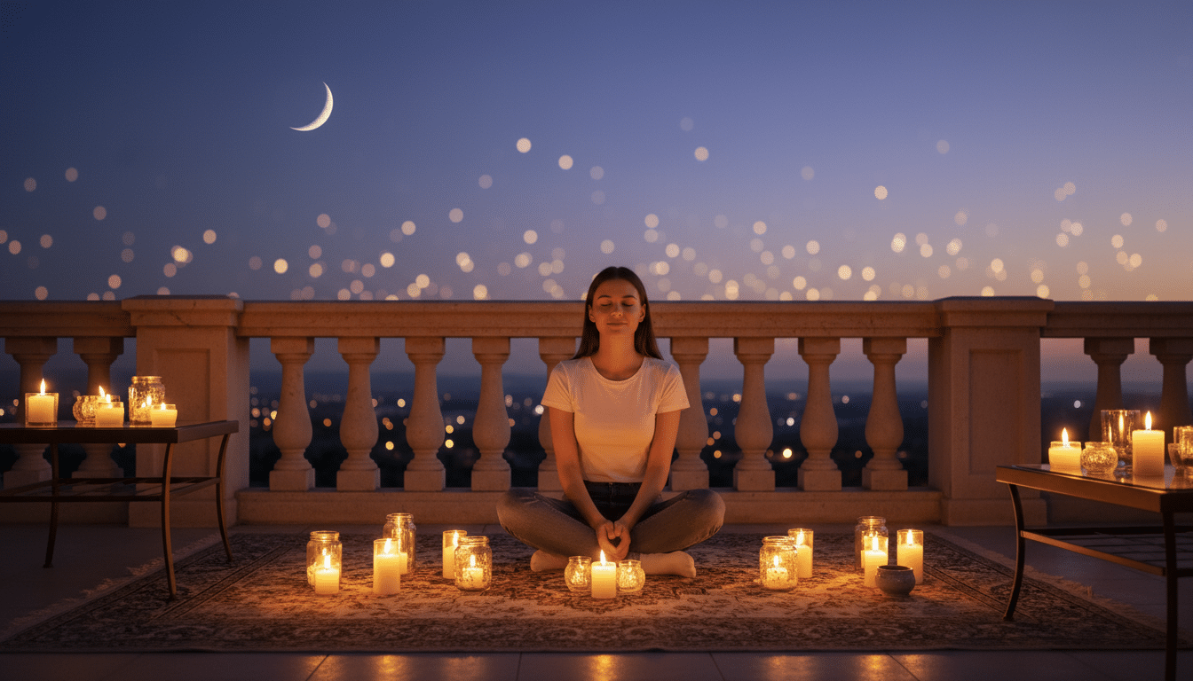 Femme méditant au crépuscule sous un croissant de lune
