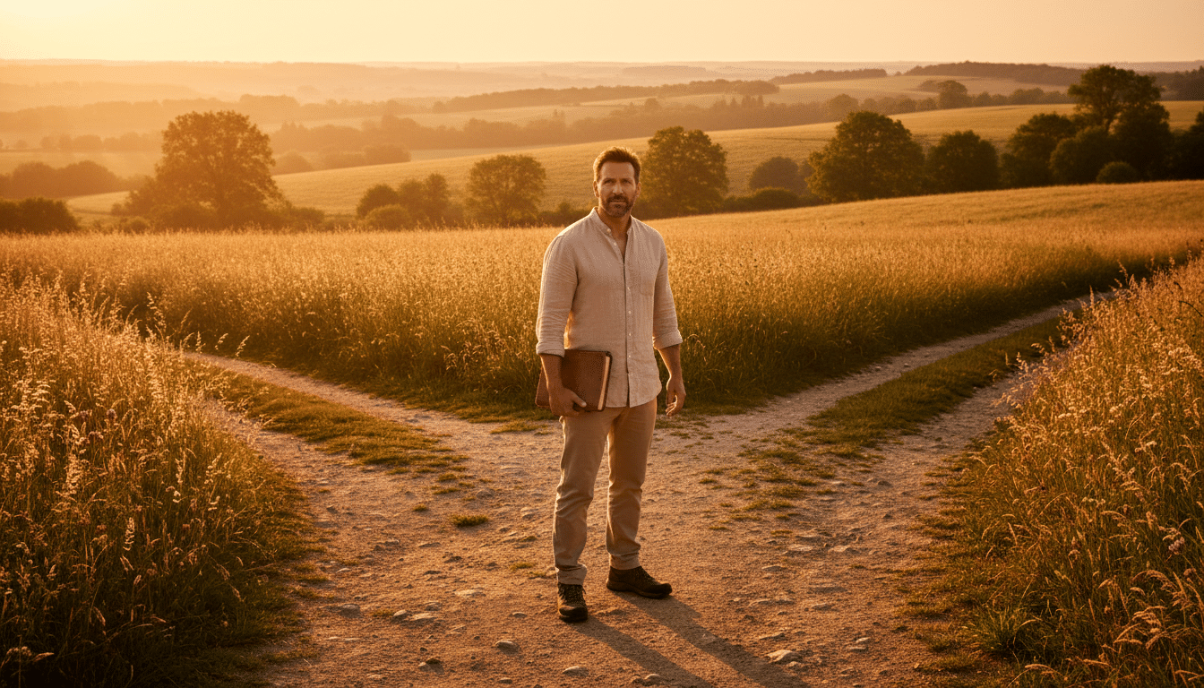 Homme déterminé à la croisée des chemins au coucher du soleil