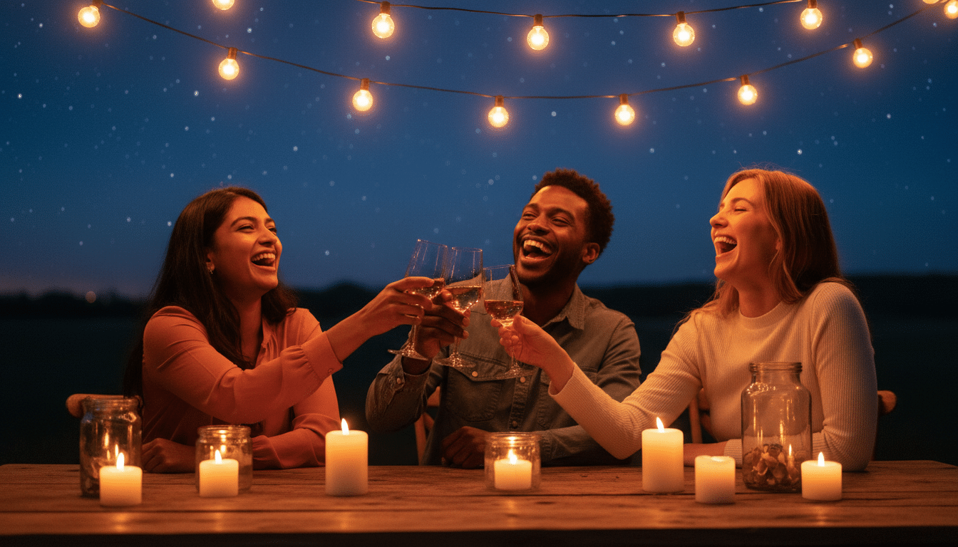 Trois amis célébrant ensemble sous les étoiles et lumières dorées