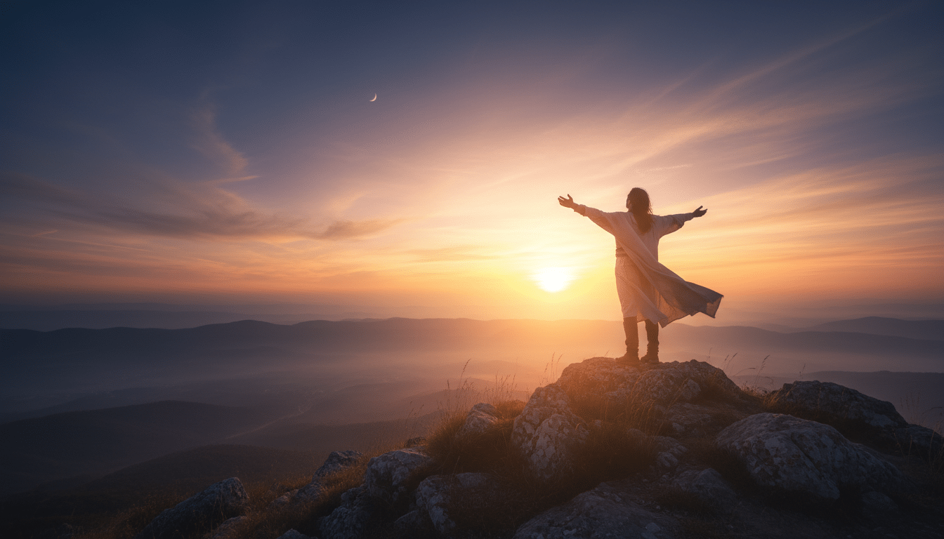 Personne au sommet d'une colline au lever du jour
