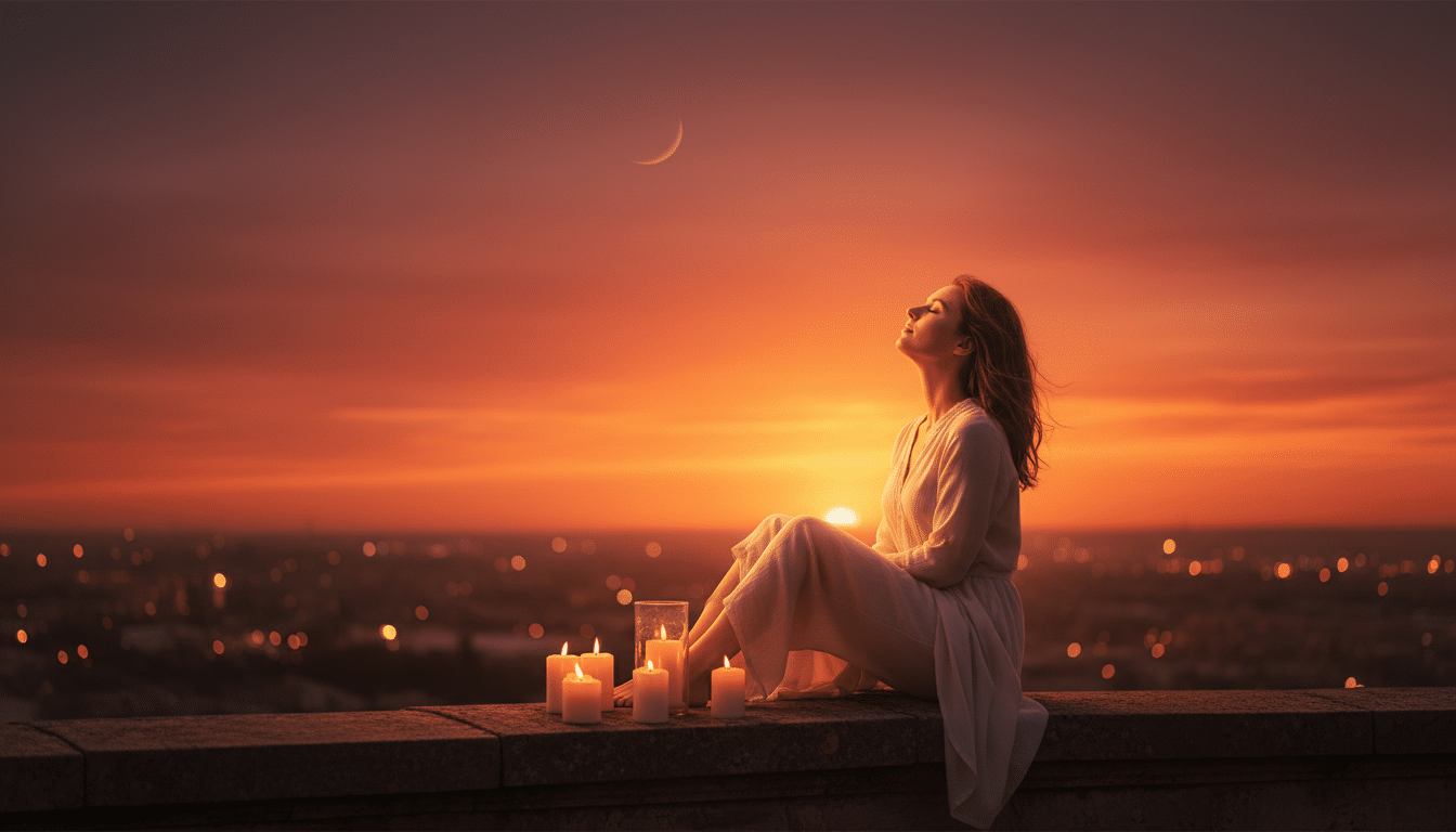 Personne méditant sous un croissant de lune doré