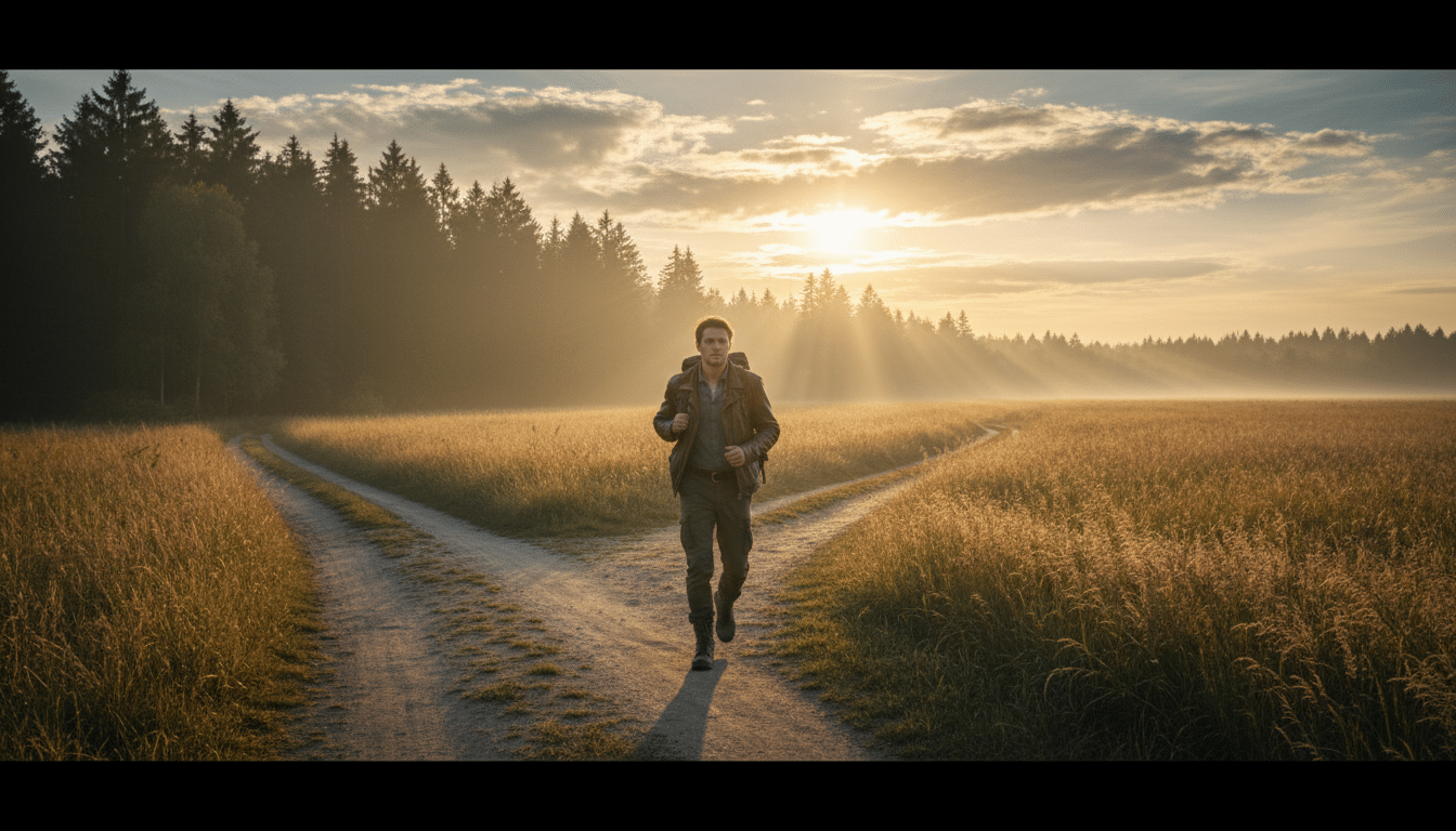 Personne à la croisée des chemins au lever du soleil