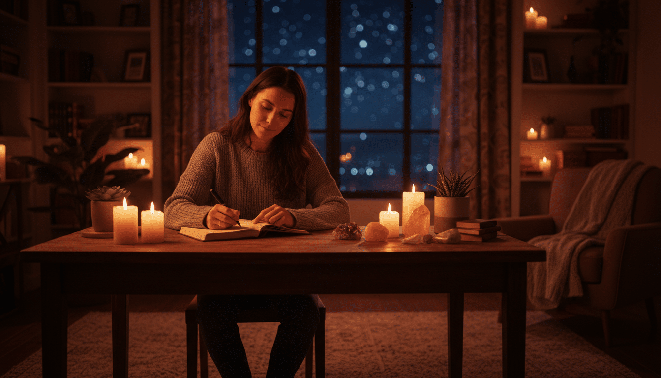 Personne écrivant ses intentions à la lueur des bougies