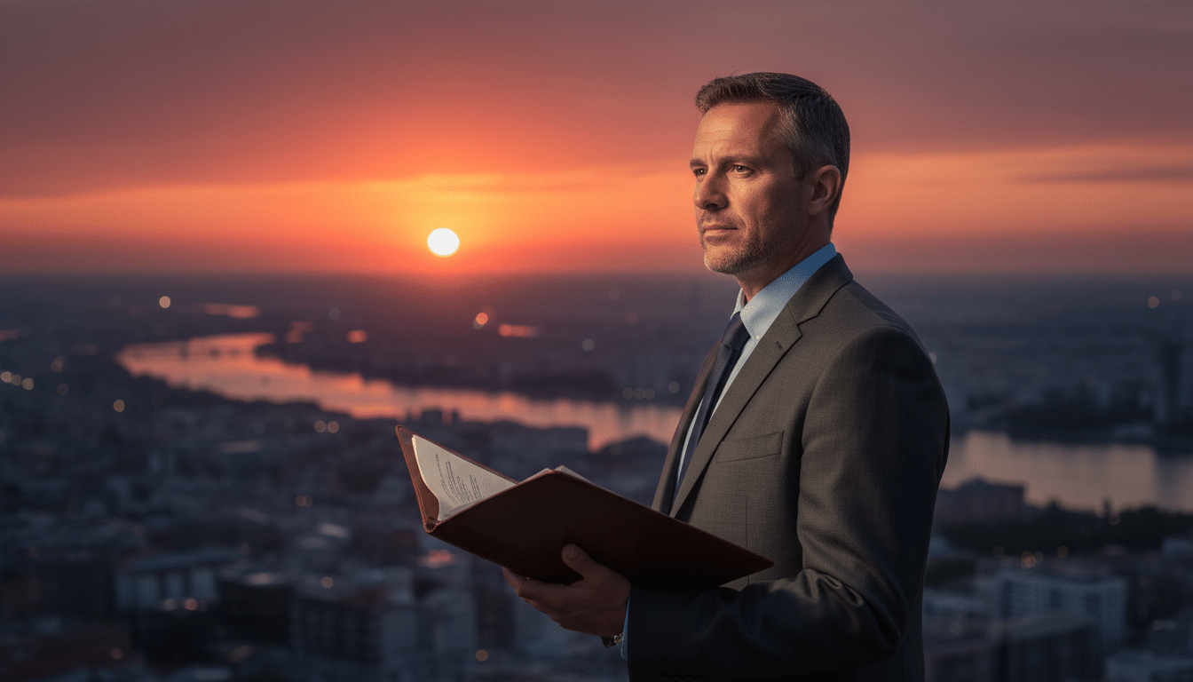 Homme confiant regardant l'horizon au coucher du soleil