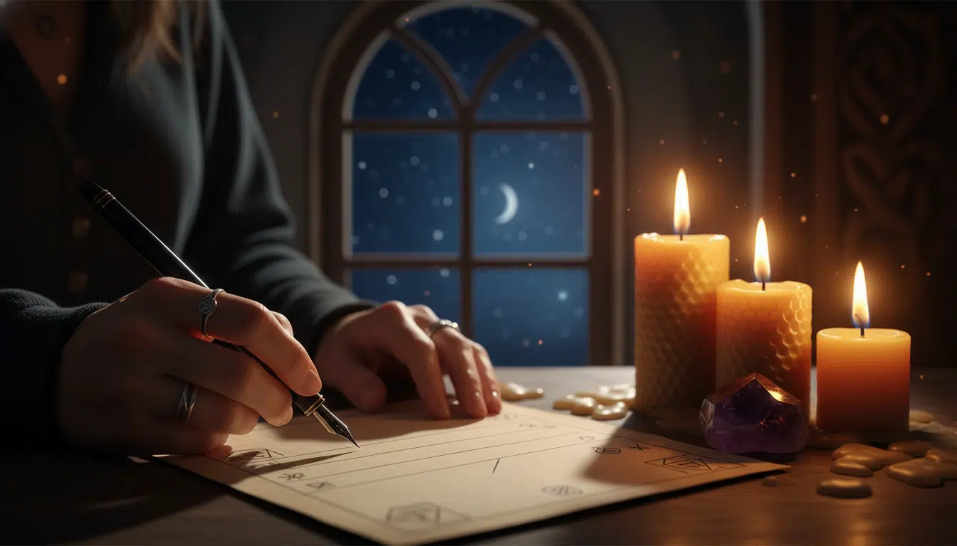 Mains écrivant un chèque d'abondance près de bougies allumées