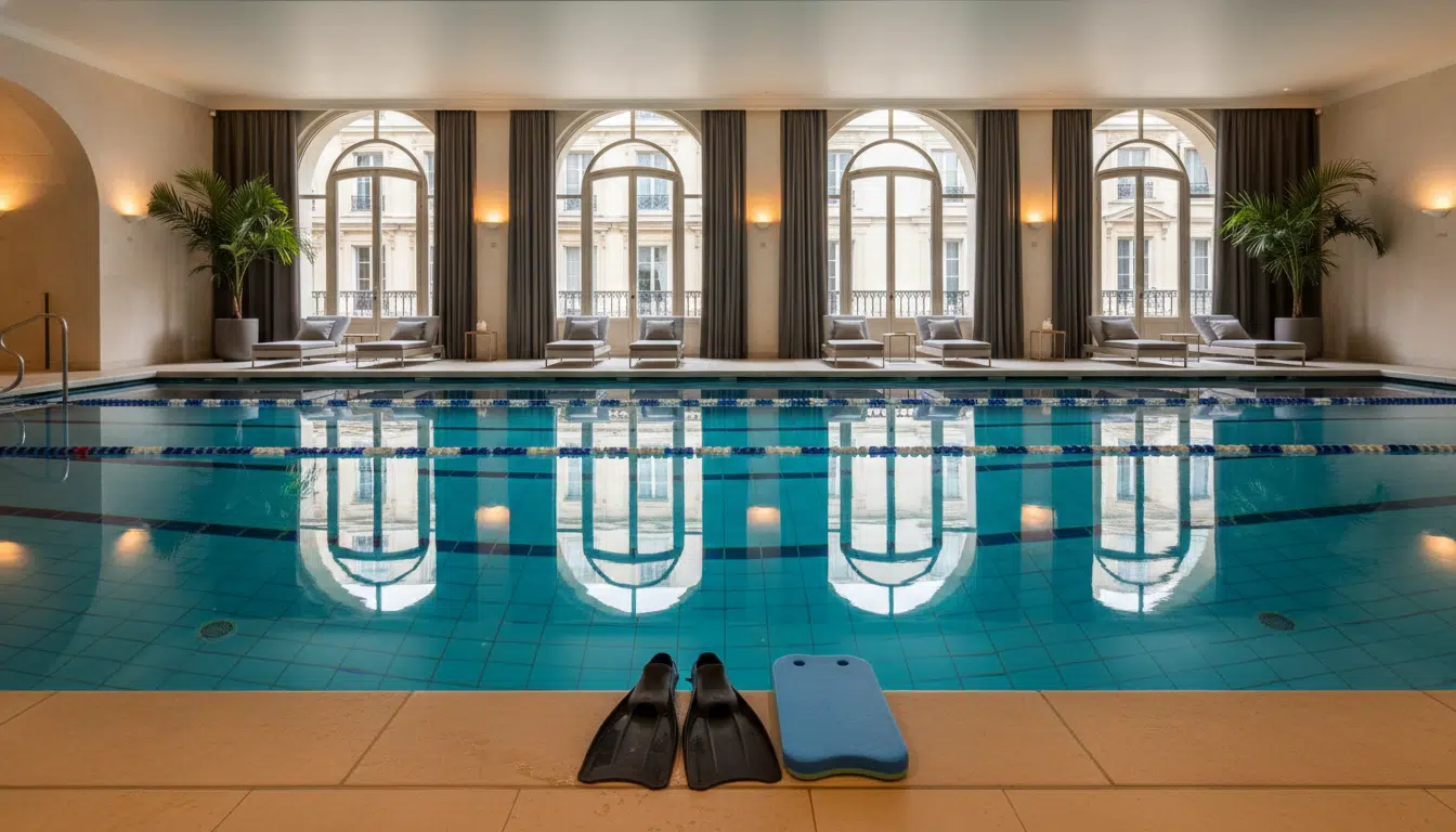 Piscine intérieure d'une salle de sport avec palmes au bord du bassin
