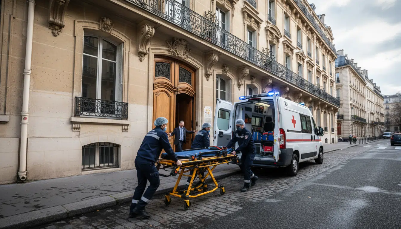 Secours devant un immeuble parisien avec lumières d'ambulance