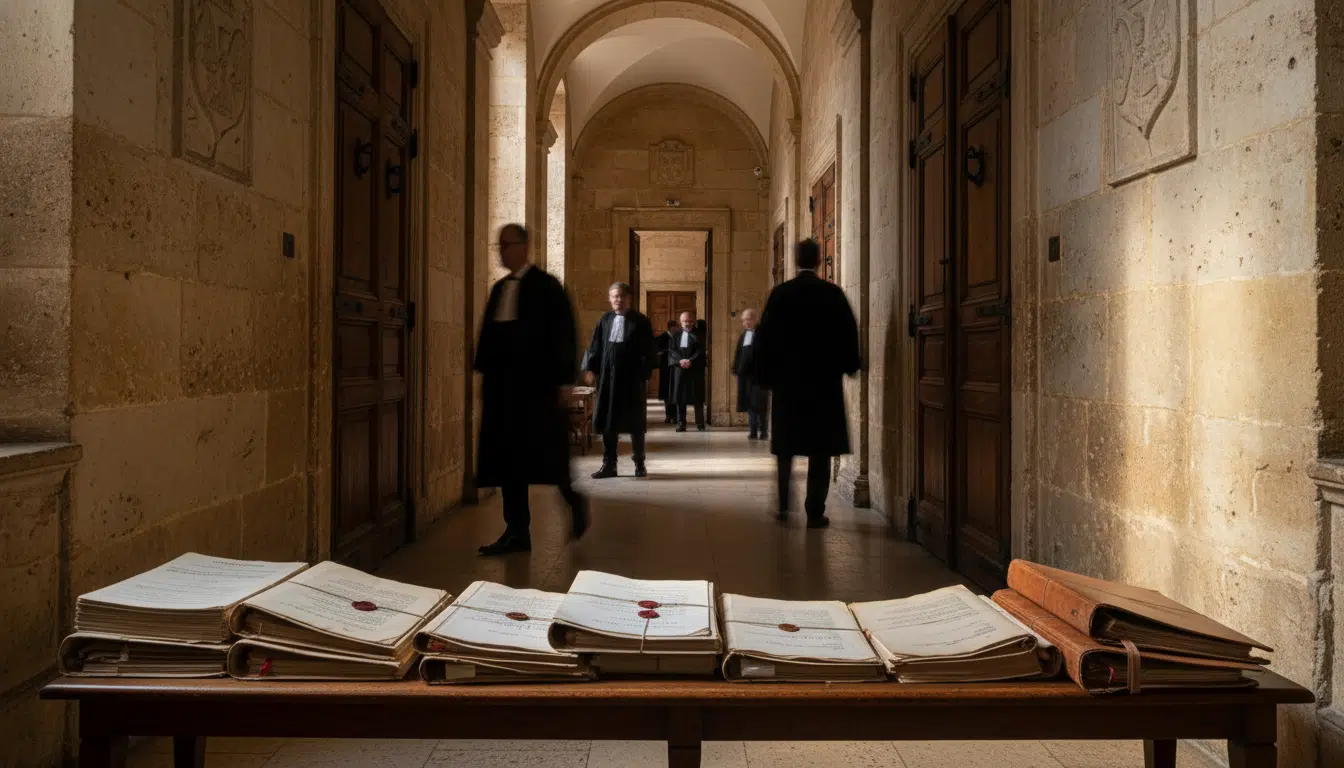 Couloir de tribunal français lors d'une audience