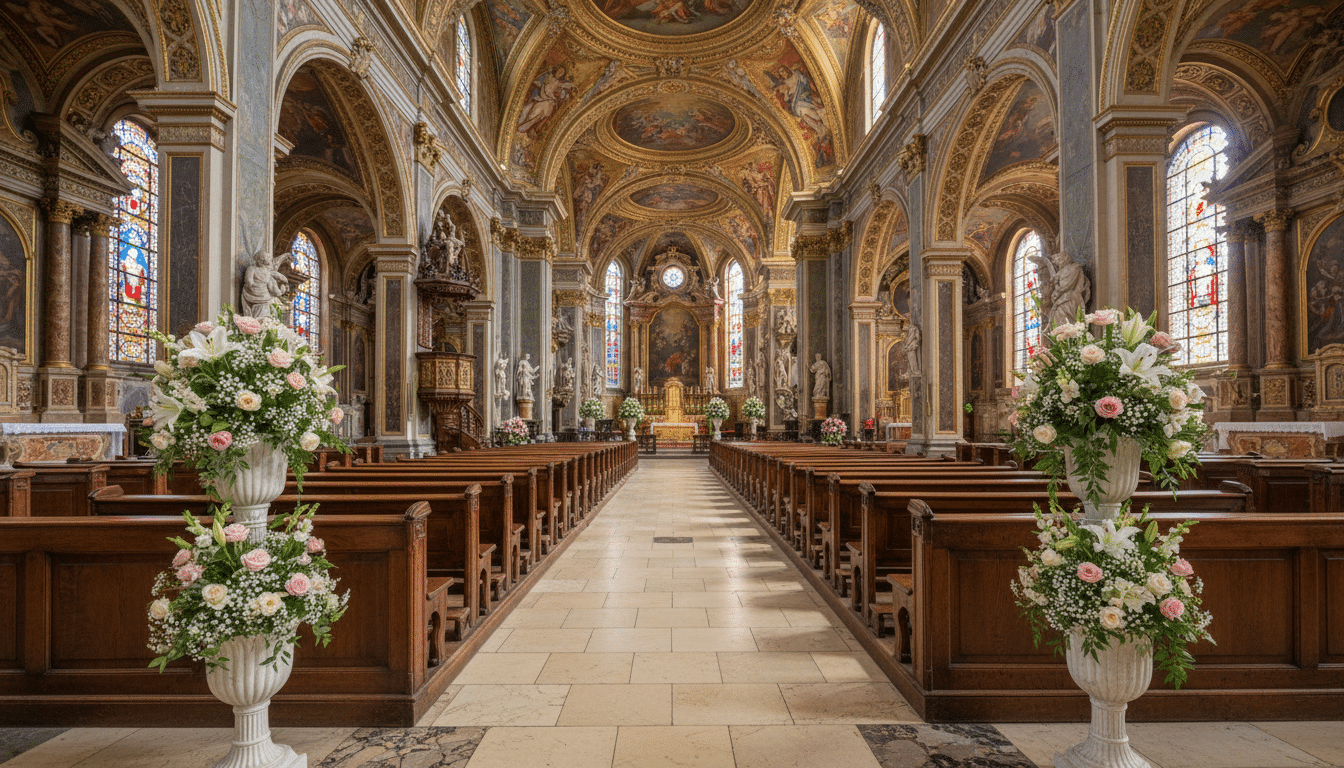 Intérieur de la cathédrale Sainte-Réparate de Nice lors des obsèques de Loana, décorée de compositions florales roses et blanches