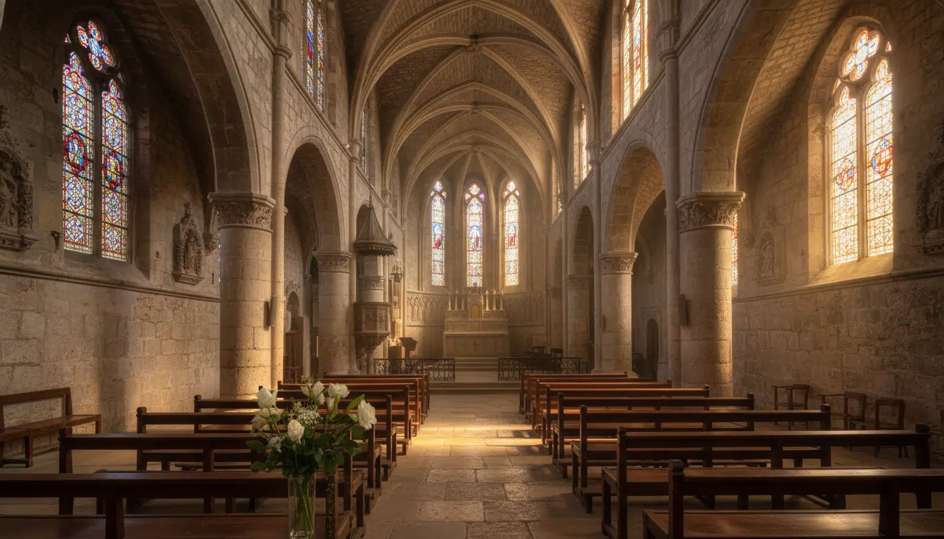 Intérieur d'une église méditerranéenne baignée de lumière dorée avec un bouquet de fleurs blanches sur un banc, évoquant le recueillement des obsèques de Loana à Nice