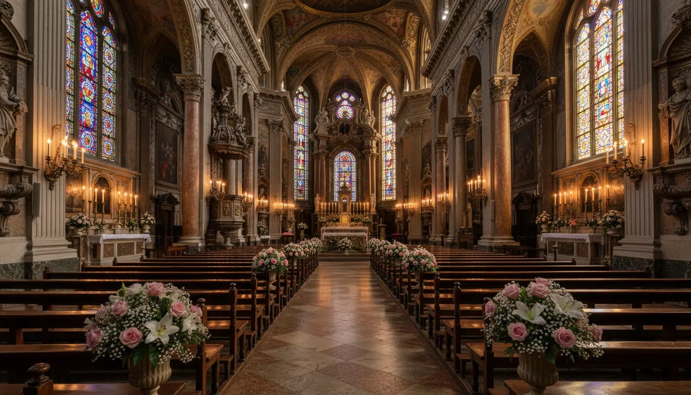 Intérieur d'une cathédrale baroque avec des bouquets de fleurs blanches et roses disposés le long de l'allée centrale, lumière tamisée de bougies