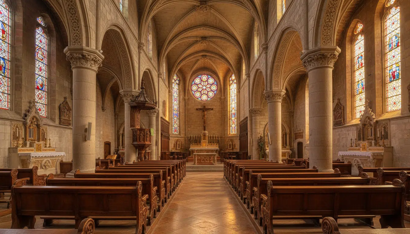 Intérieur d'une église en pierre à Nice, avec des bancs en bois vides et une lumière dorée filtrant par les vitraux, évoquant la cérémonie religieuse