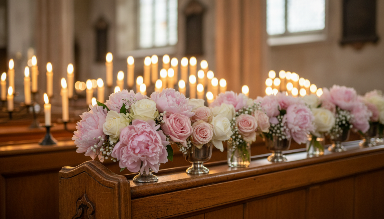 Bouquet de fleurs roses et blanches disposé sur un banc d'église, lumière dorée de bougies en arrière-plan