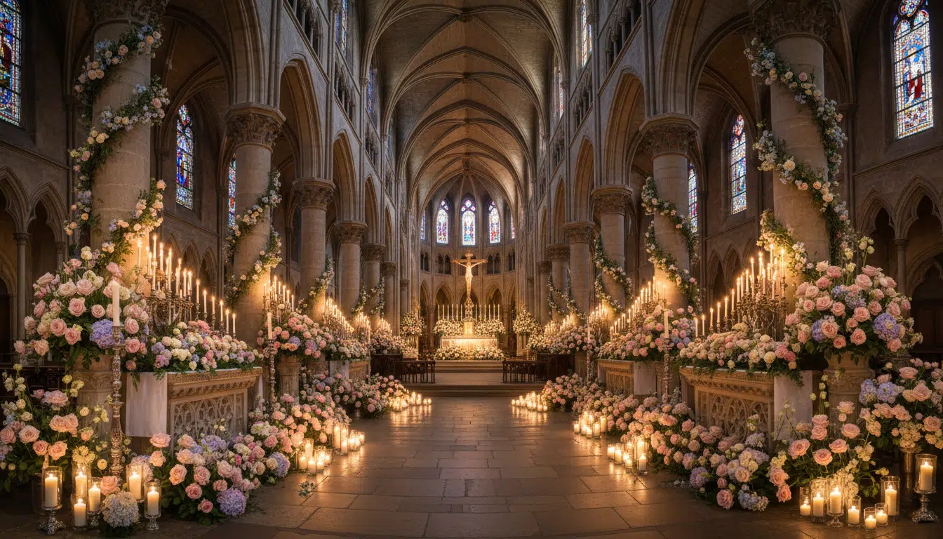 Intérieur d'une cathédrale ornée de roses roses pour les obsèques de Loana à Nice