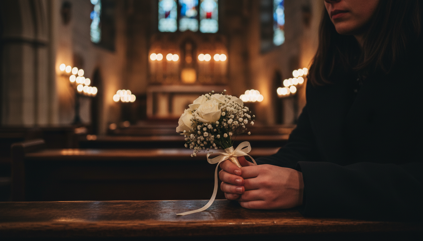 Femme tenant des fleurs blanches lors d'une cérémonie funèbre