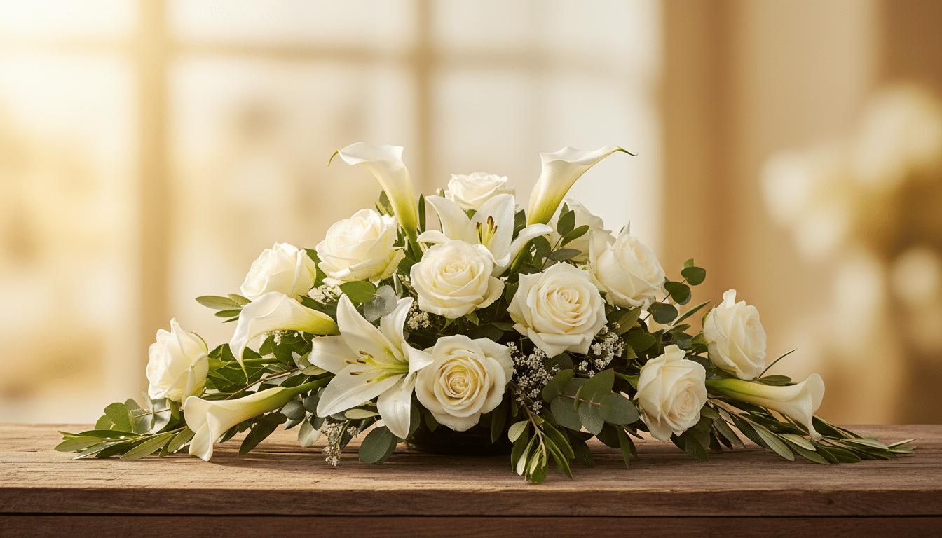 Bouquet funèbre fleurs blanches lumière dorée