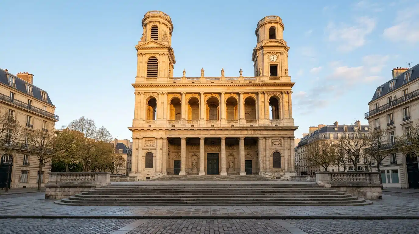 Façade de l'église Saint-Sulpice à Paris au petit matin avant les obsèques de Nathalie Baye