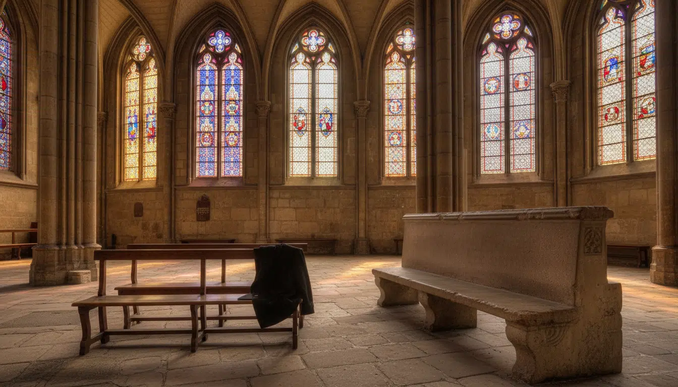 Intérieur d'une église parisienne, atmosphère solennelle évoquant le malaise survenu lors des obsèques