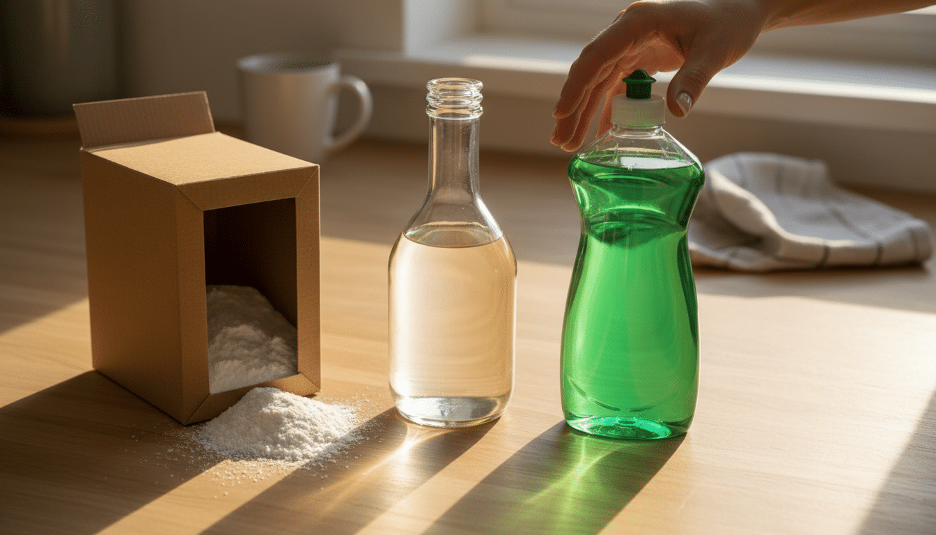 Vinaigre blanc bicarbonate et liquide vaisselle sur un plan de travail