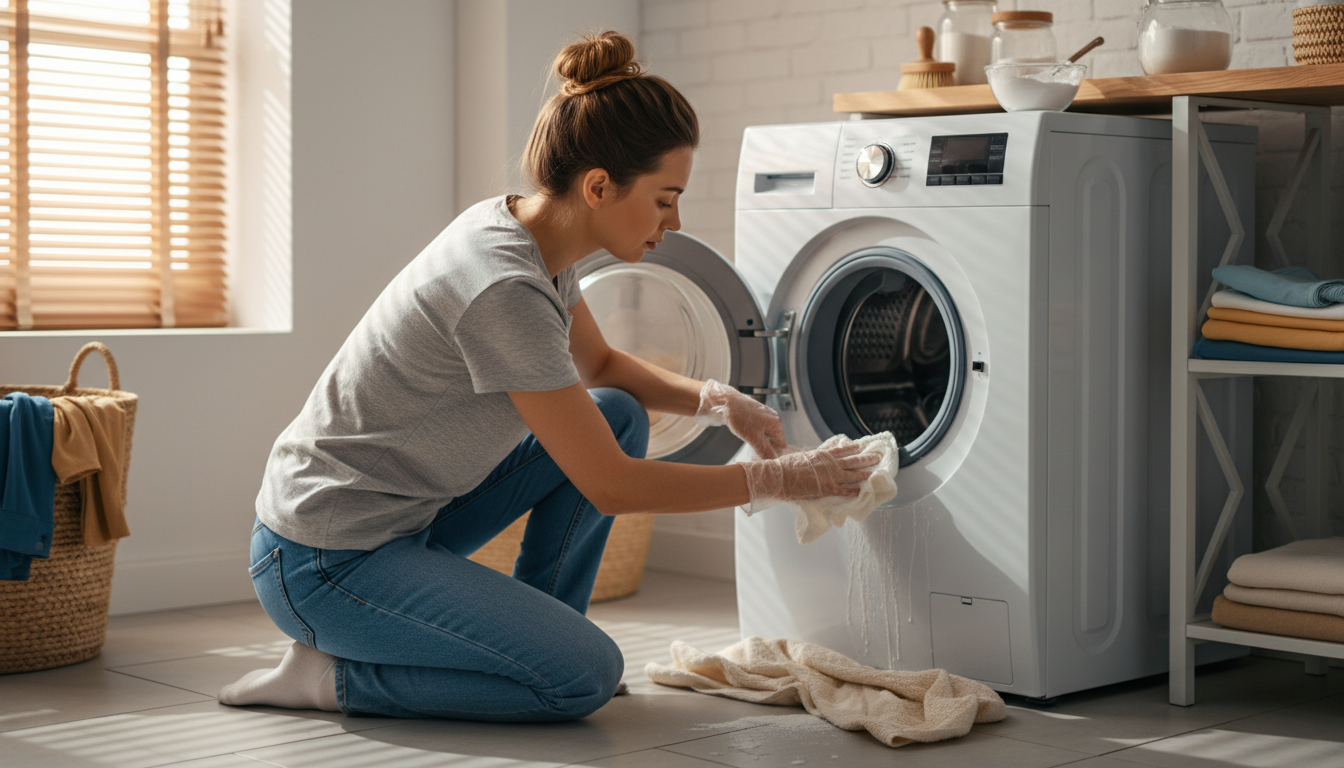 Femme nettoyant le joint du lave-linge au bicarbonate